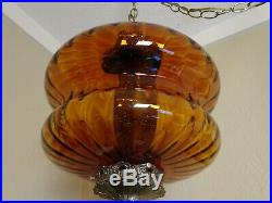 Large Amber Glass Vintage Antique Hanging Swag Lamp Light MCM Mid Century Modern