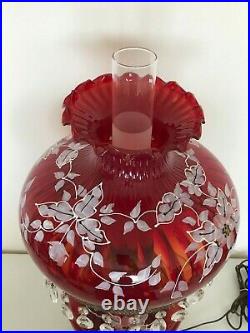 Large Antique Vintage Painted Cranberry Red Glass Hanging Prisms Oil Lamp