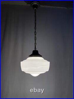 Large Art Deco Vtg Industrial Schoolhouse White Glass Hanging Pendant Light Lamp