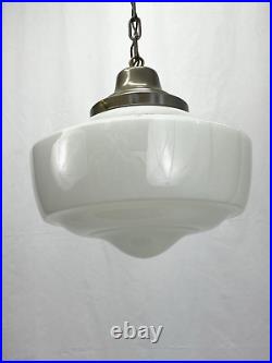 Large Art Deco Vtg Industrial Schoolhouse White Glass Hanging Pendant Light Lamp