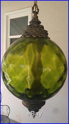 Large Green Globe Swag Lamp Vintage Round Glass & Brass Hanging Light diffuser