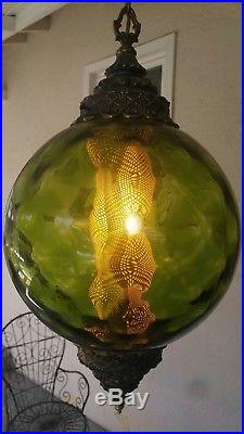 Large Green Globe Swag Lamp Vintage Round Glass & Brass Hanging Light diffuser