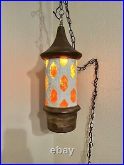 Large Mid Century Swag Lava Ceramic Pottery Hanging Chain Lamp
