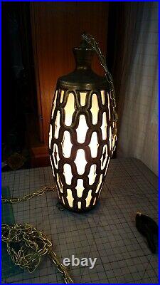 Large Mid Century Swag Lava Ceramic Pottery Hanging Chain Lamp Gold Crackle MCM