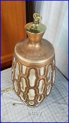 Large Mid Century Swag Lava Ceramic Pottery Hanging Chain Lamp Gold Crackle MCM