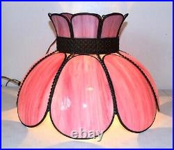 Large PINK Slag Glass Hanging Ceiling Light Swag Lamp, 17.5 wide, Vintage, EX