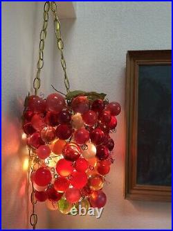 Large Pink Vintage Lucite Grape Swag Light Lamp Groovy Hippie 60s 70s Retro Gold