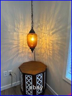 Large Retro Vintage 1970's Amber Crackle Glass Hanging Swag light lamp fixture