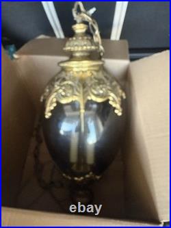 Large ScaleChained Hanging Swag Light Fixture With Smoke Glass Globe Circa 1960s