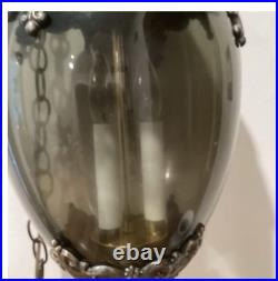 Large ScaleChained Hanging Swag Light Fixture With Smoke Glass Globe Circa 1960s