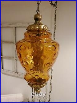 Large VTG Amber Glass Globe Swag Hanging Light Coin Spot Mid Century Lamp Plug