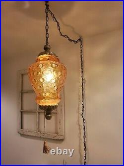 Large VTG Amber Glass Globe Swag Hanging Light Coin Spot Mid Century Lamp Plug