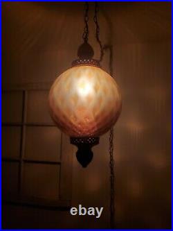 Large VTG Diamond Pattern Amber Glass Globe Hanging Swag Lamp Diffuser Light