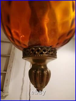 Large VTG Diamond Pattern Amber Glass Globe Hanging Swag Lamp Diffuser Light