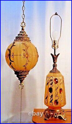 Large VTG Mid Century Modern Hollywood Regency Hanging Swag Lamp Jeweled Gilt