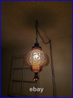 Large VTG Mushroom Amber Glass Globe Swag Hanging Light Mid Century Lamp