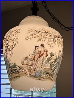 Large Vintage Hand Painted Oriental White Hanging Swag Lamp Light Works