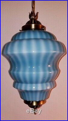 Large Vintage MCM BLUE Cased & Blown Glass Hanging SWAG Lamp
