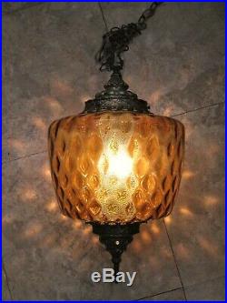 Large Vintage Mid Century Amber Glass Hanging Swag Lamp working