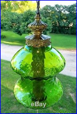 Large Vintage Mid Century Green Diamond Optic Glass Hanging Swag Lamp Light