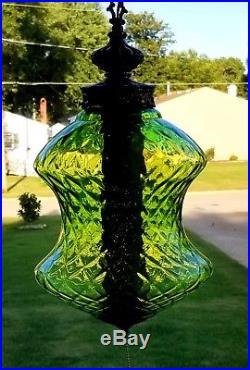 Large Vintage Mid Century Green Diamond Optic Glass Hanging Swag Lamp Light