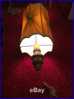 Large Vintage Mid Century Hollywood Regency Swag Hanging Light Lamp Yellow Gold