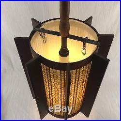 Large Vintage Mid Century Modern Teak Swag Lamp Hanging Chain Light MCM