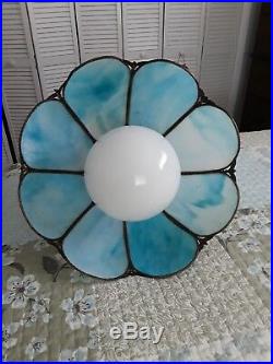 Large Vintage Stained Blue Glass Slag Hanging Lamp Ceiling Light Shade