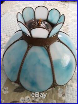 Large Vintage Stained Blue Glass Slag Hanging Lamp Ceiling Light Shade