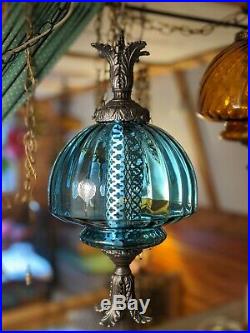Large blue glass vintage antique hanging swag lamp light
