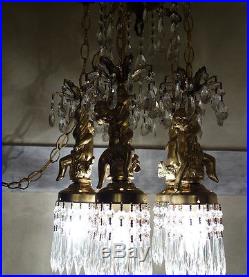 Large cake Cherub Brass spelter hanging Ceiling crystal lamp chandelier Vintage