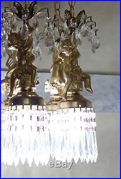 Large cake Cherub Brass spelter hanging Ceiling crystal lamp chandelier Vintage