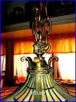 Leaded Glass Hanging Lamp Chandelier Antique Gas Convert To Elec/ Bradley Hubb