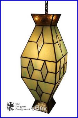 Leaded Slag Glass Hanging Swag Light Diamond Patterned 20 Lamp Mid Century Vtg