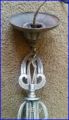 Leviton Vintage Hanging Lamp Chandelier Art Deco MCM Regal Steel Silver Glass