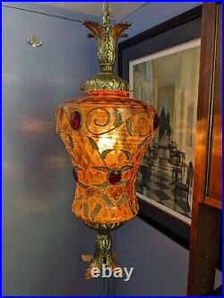 Lg 24 Tall Vtg Mid Century Optic Amber Hanging Swag Lamp 60's Hollywood