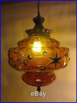 Lg Vintage Mid Century Carl Falkenstein Amber Swag Lamp Hanging Light Art Glass