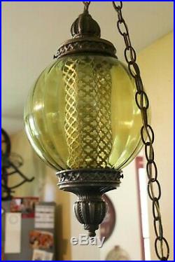 Lrg MCM Vintage olive Glass Hanging Swag Ceiling Lamp Light Hollywood Regency