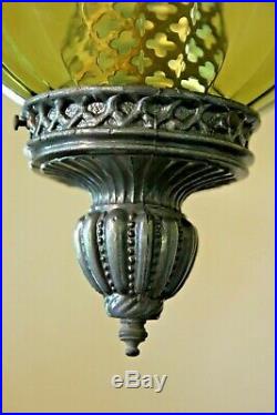 Lrg MCM Vintage olive Glass Hanging Swag Ceiling Lamp Light Hollywood Regency