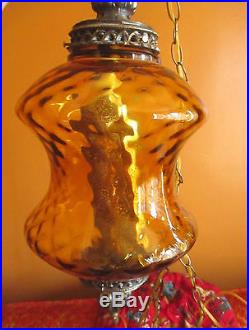 MASSIVE Retro Vtg Amber Glass Hanging Swag Lamp Light Metal Diffuser Hourglass