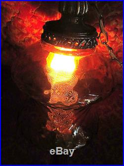 MASSIVE Retro Vtg Amber Glass Hanging Swag Lamp Light Metal Diffuser Hourglass