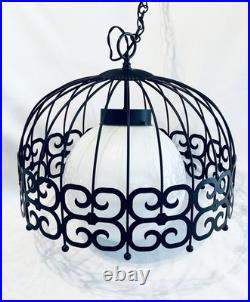 MCM Arthur Umanoff Style WROUGHT IRON Bird Cage Hanging Swag Lamp Pendant Light