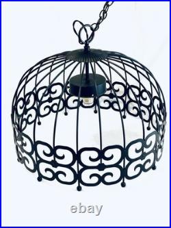 MCM Arthur Umanoff Style WROUGHT IRON Bird Cage Hanging Swag Lamp Pendant Light
