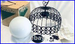 MCM Arthur Umanoff Style WROUGHT IRON Bird Cage Hanging Swag Lamp Pendant Light