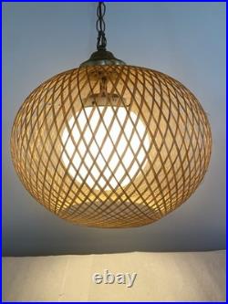 MCM Bamboo Wicker Rattan 18 Swag Lamp Hanging Light Fixture with Ribbed Globe