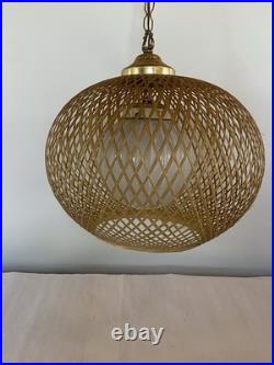 MCM Bamboo Wicker Rattan 18 Swag Lamp Hanging Light Fixture with Ribbed Globe