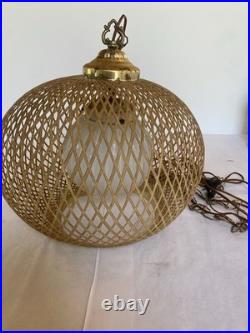MCM Bamboo Wicker Rattan 18 Swag Lamp Hanging Light Fixture with Ribbed Globe