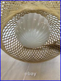 MCM Bamboo Wicker Rattan 18 Swag Lamp Hanging Light Fixture with Ribbed Globe