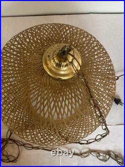 MCM Bamboo Wicker Rattan 18 Swag Lamp Hanging Light Fixture with Ribbed Globe