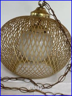 MCM Bamboo Wicker Rattan 18 Swag Lamp Hanging Light Fixture with Ribbed Globe